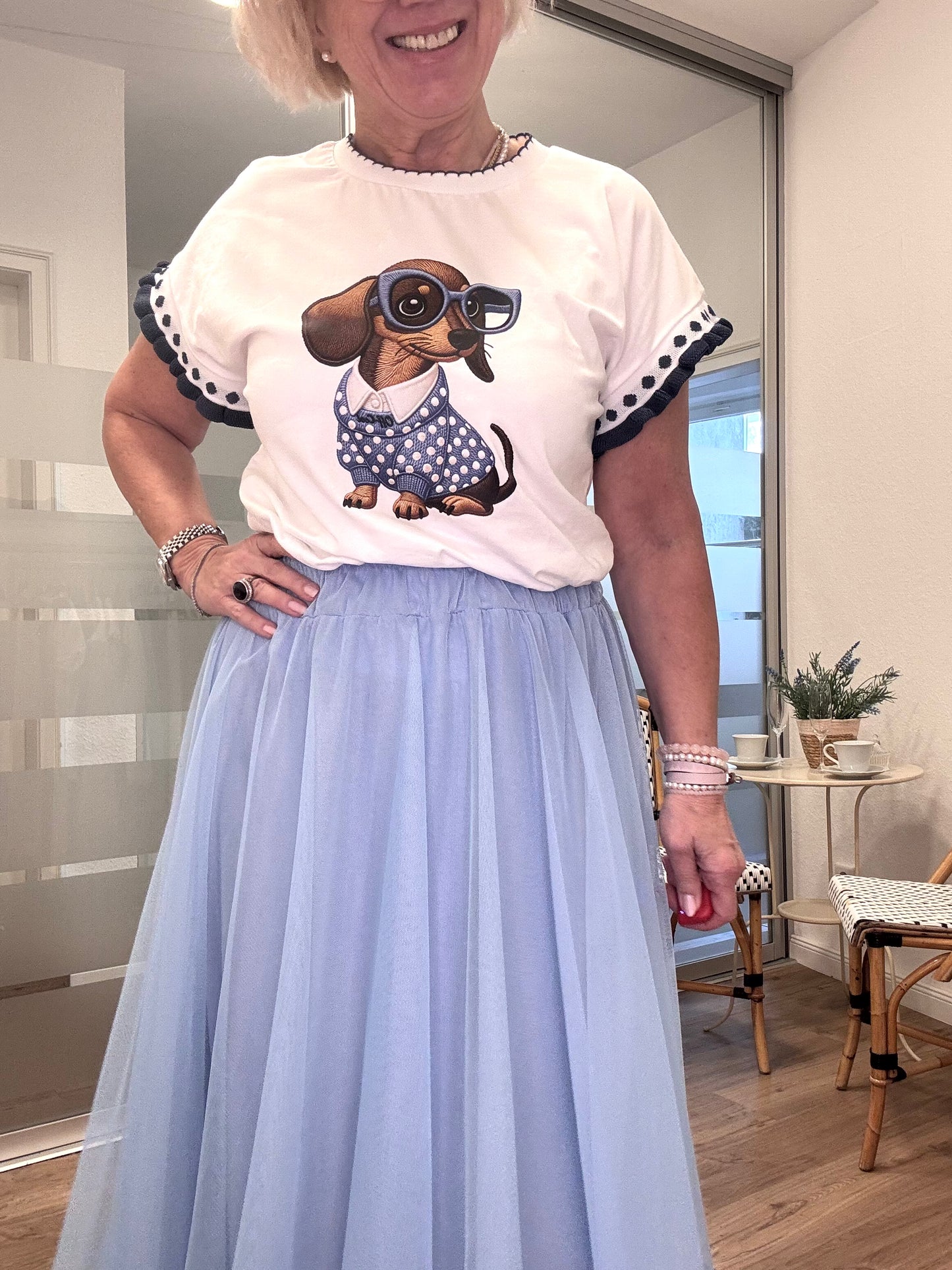 Damen Dackel T-Shirt mit Tüllrock Hellblau 
