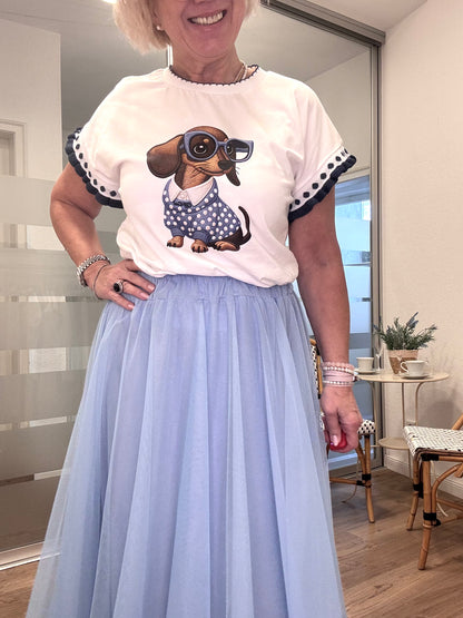 Damen Dackel T-Shirt mit Tüllrock Hellblau 